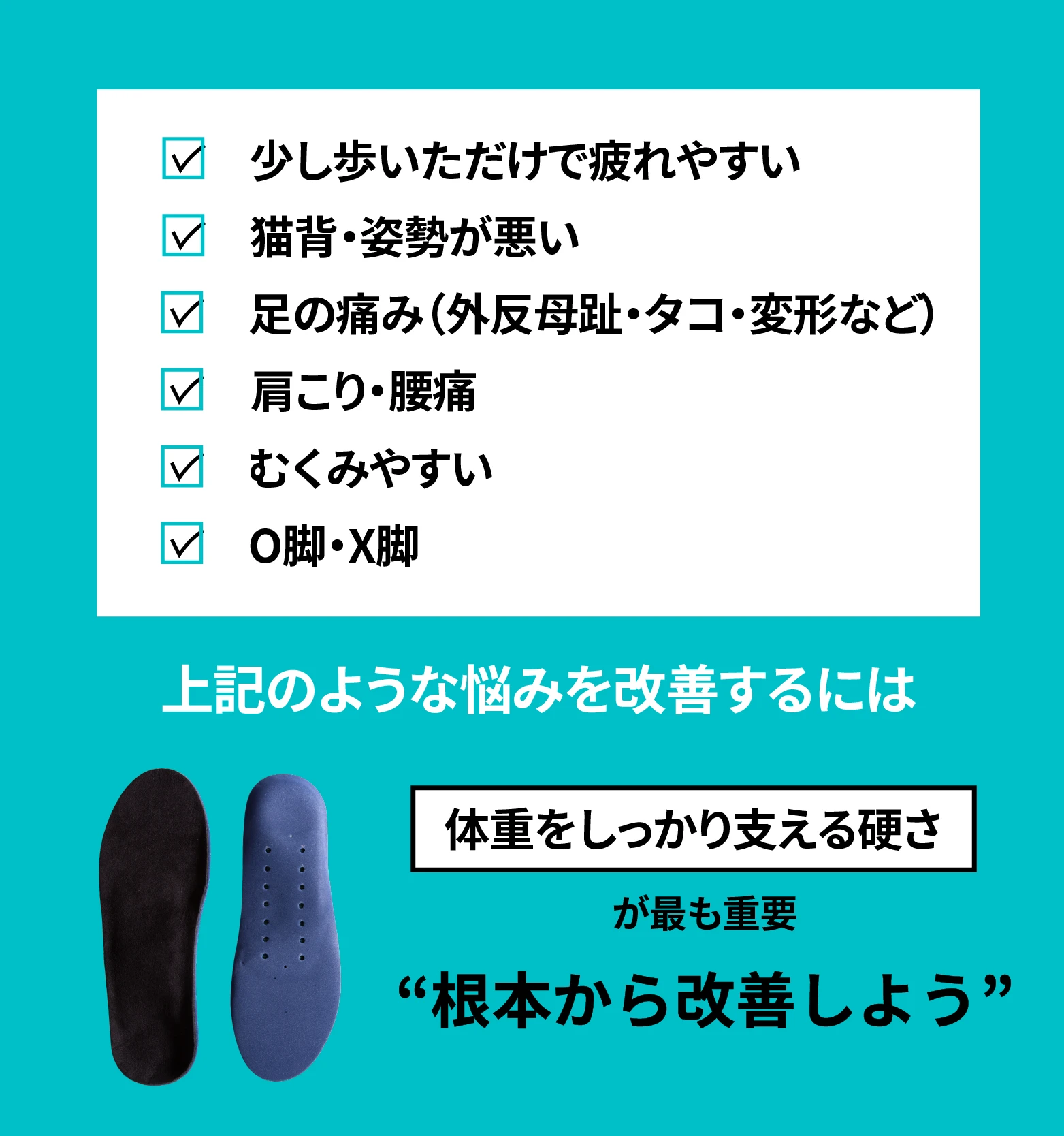 足の悩みチェックリストと費用比較イメージ（整体費用と病院でつくるインソールと製品価格の比較）