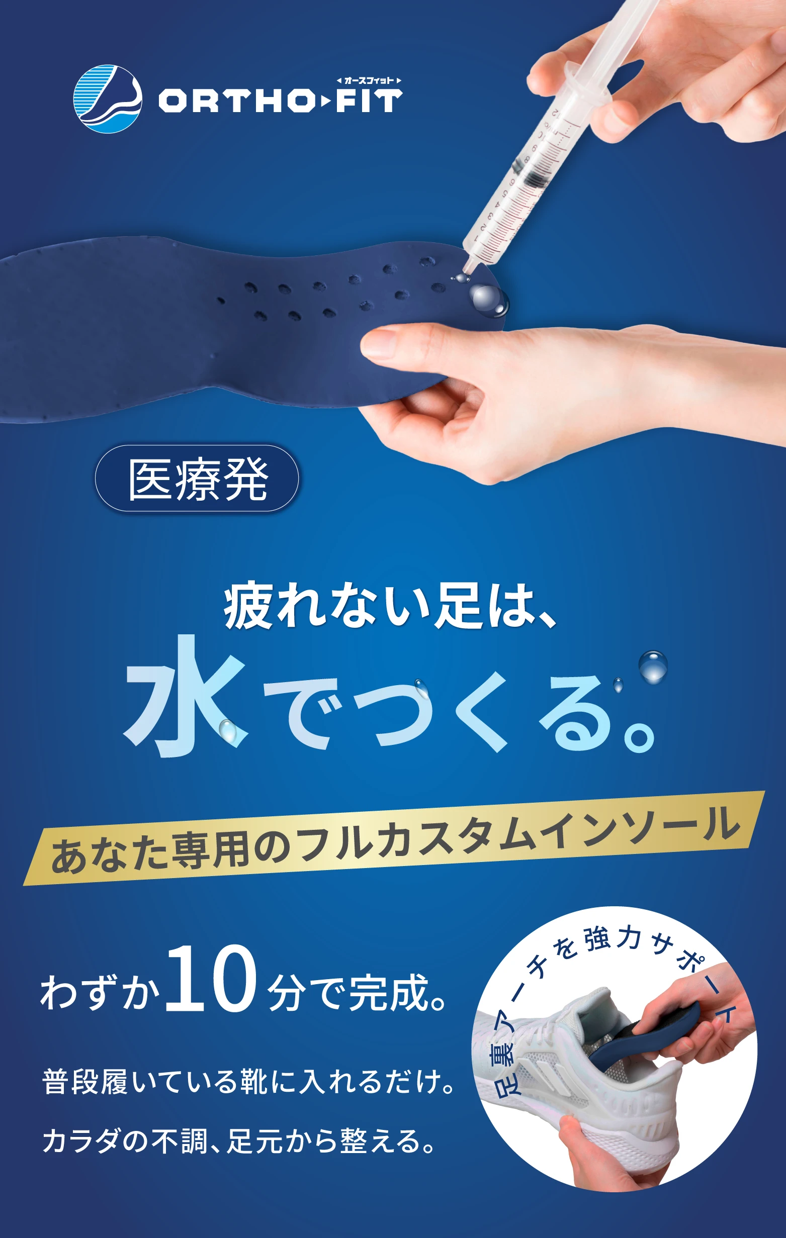 足裏アーチを強力サポートする医療発のフルカスタムインソール。「疲れない足は、水でつくる。」わずか10分で完成。普段履いている靴に入れるだけ。体の不調を足元から整える。