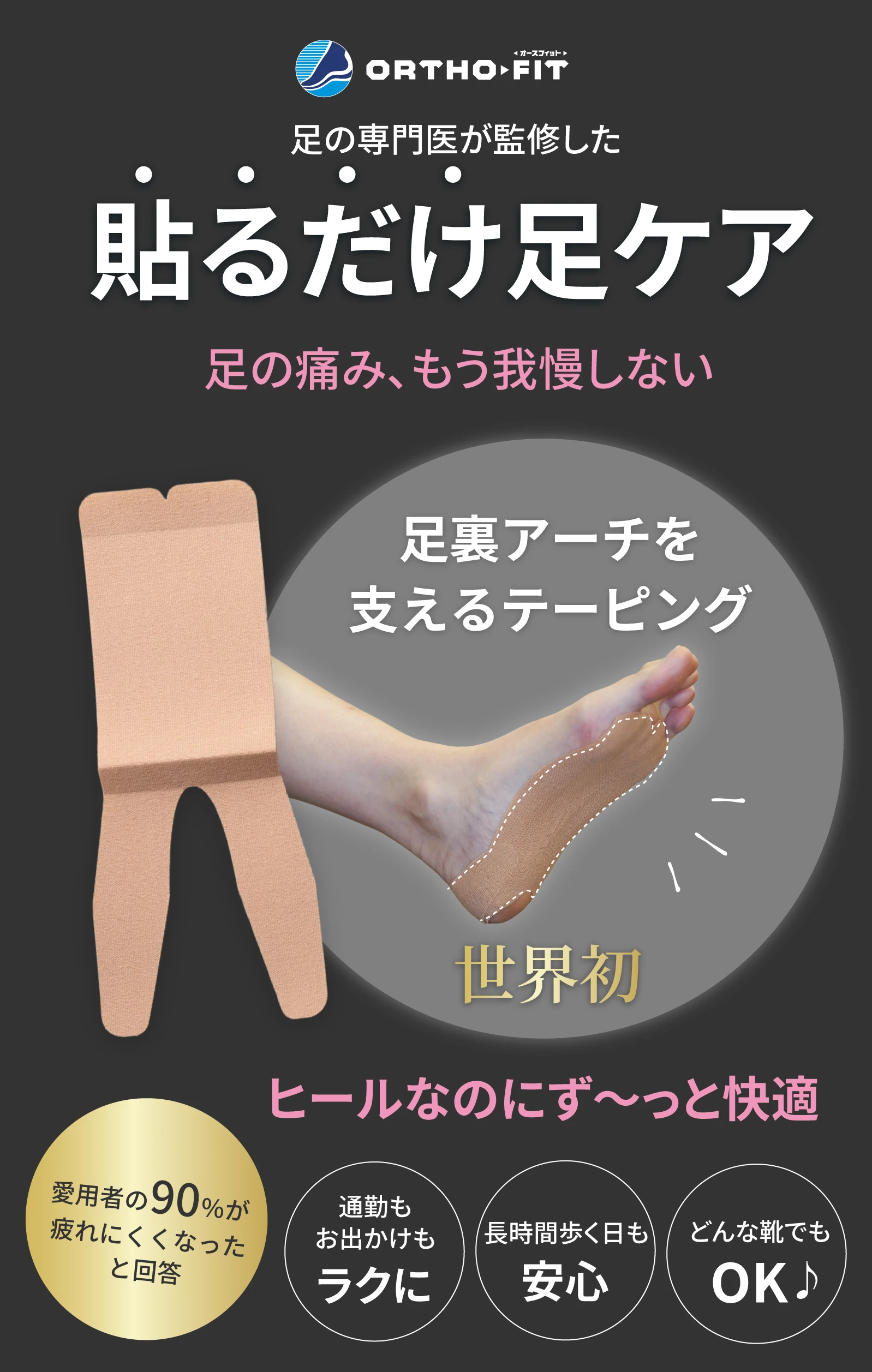 足の専門医が監修した貼るだけ足ケア。世界初の足裏アーチを支えるテーピングでヒールでも快適に歩ける足元サポート用テープ